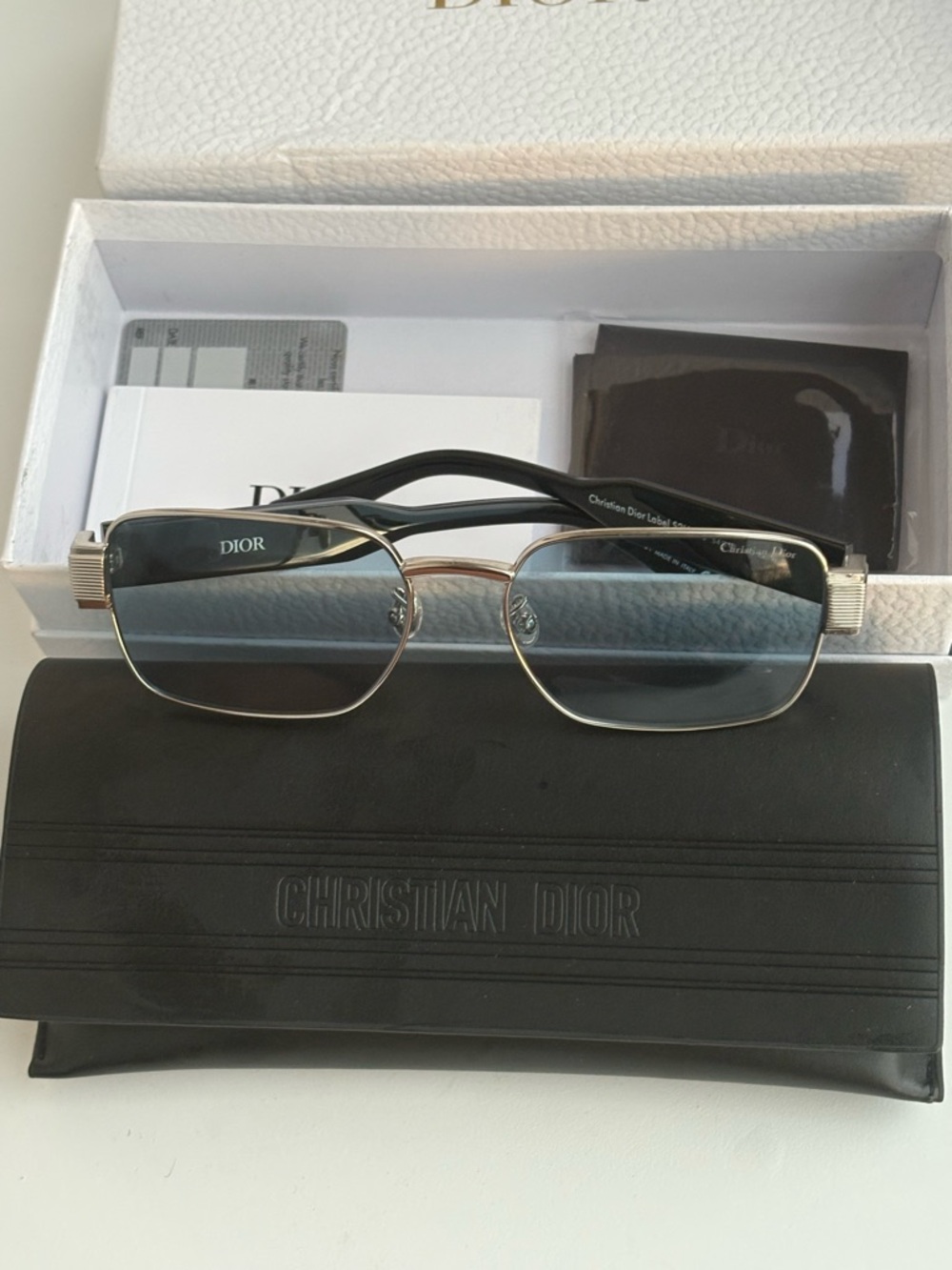 Dior Rectangular Sunglasses in Black and Silver with Blue Tint